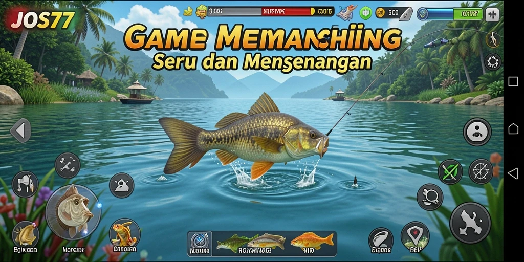 Screenshot gameplay JOS77 menampilkan aksi memancing di danau yang indah.