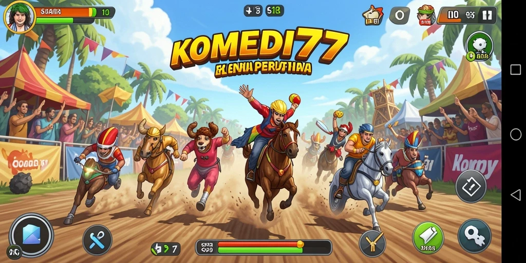 Screenshot gameplay KOMEDI77 menampilkan keseruan balapan yang penuh tawa.