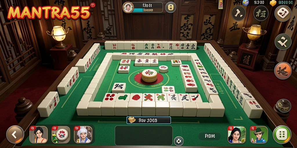 Screenshot utama MANTRA55 menampilkan ubin Mahjong yang berwarna-warni dan gameplay yang seru.