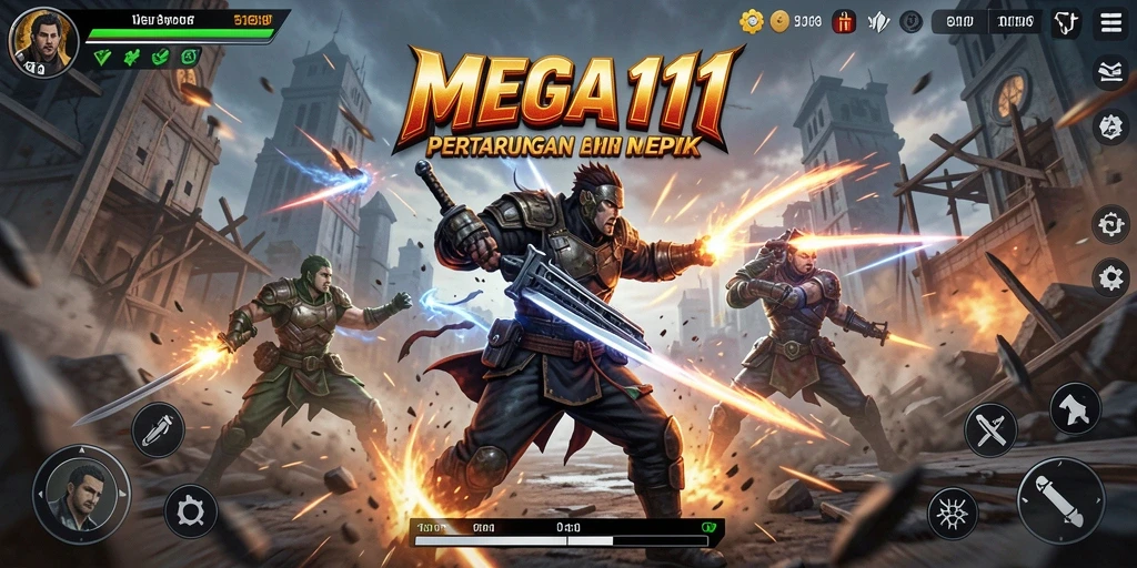 Screenshot utama MEGA111 menampilkan pertarungan seru antara karakter-kater unggulan.