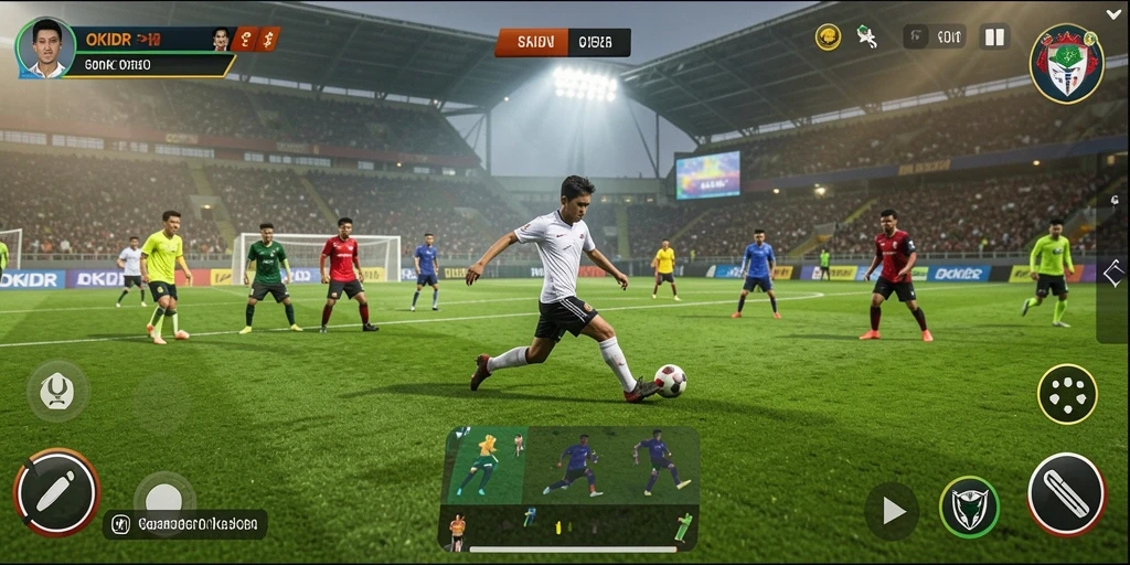 Tampilan gameplay menyenangkan dari OKIDR dalam aksi sepak bola.