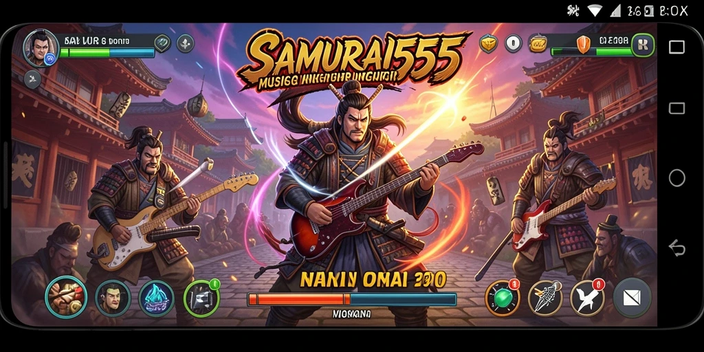 Screenshot gameplay SAMURAI555 yang menunjukkan aksi seru dan musik menari.