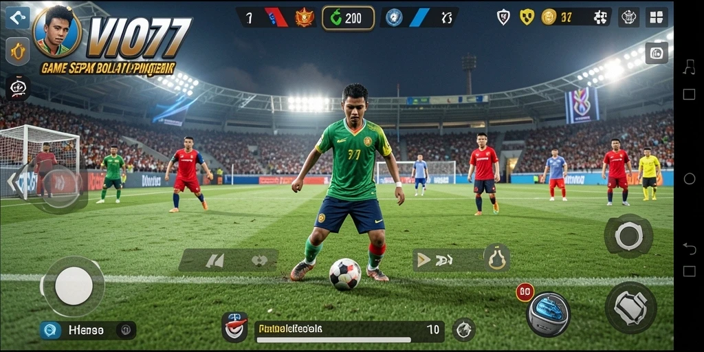 Screenshot gameplay VIO77 yang menampilkan aksi sepak bola intens.